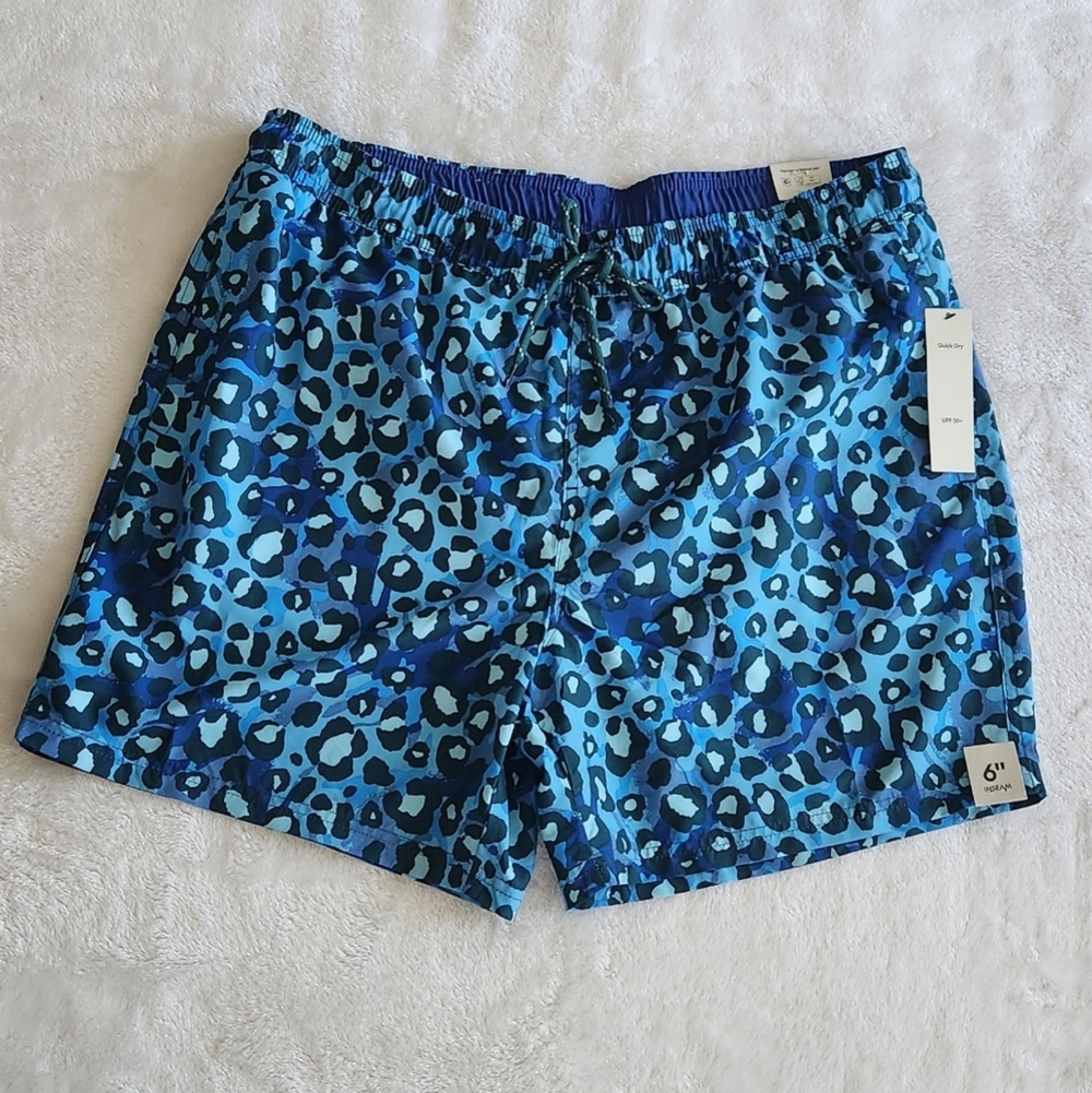 🌊 No Boundaries Men’s Blue Leopard Print Swim Shorts – Size Large (36–38), NWT